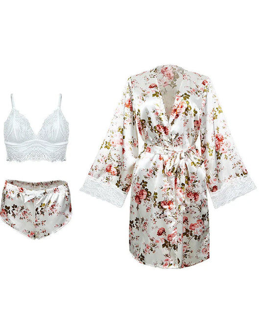 Deep Love Silk 3 Piece Nighty-Flower Print