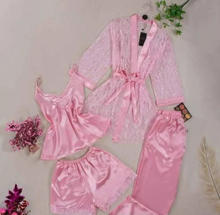 Pink Lace Nighty Set 4 Pcs Soft Silk