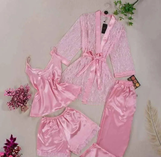 Pink Lace Nighty Set 4 Pcs Soft Silk