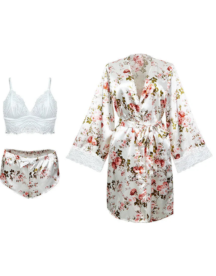 Deep Love Silk 3 Piece Nighty-Flower Print