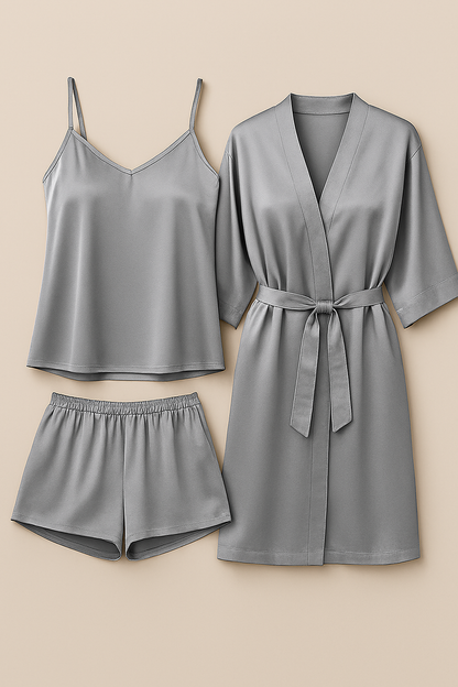 3-Piece Satin Sleepwear Set for Women – Camisole, Shorts & Robe | Elegant Nightwear & Loungewear – Free Size