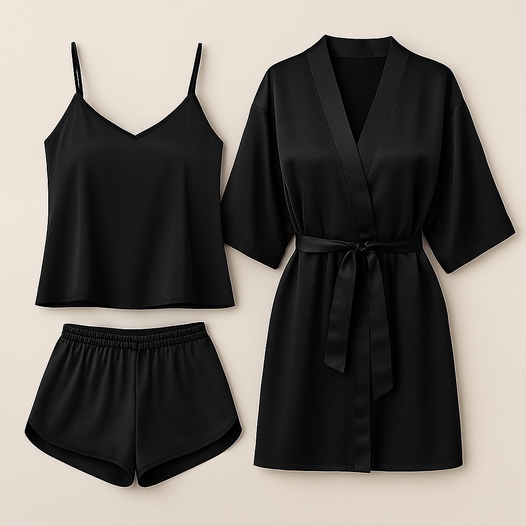 3-Piece Satin Sleepwear Set for Women – Camisole, Shorts & Robe | Elegant Nightwear & Loungewear – Free Size
