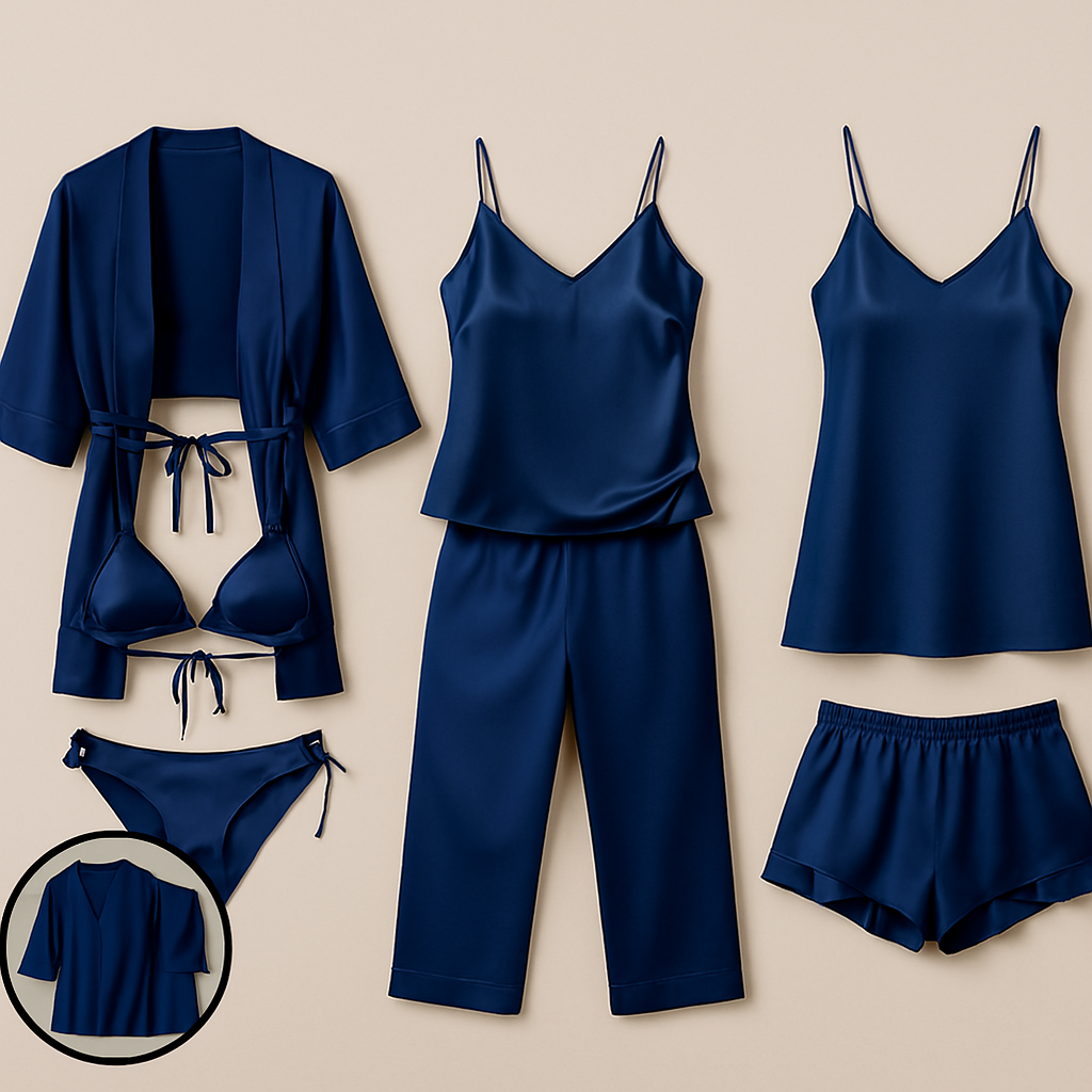 7-Piece Satin Sleepwear & Lingerie Set for Women – Luxury Nightwear Collection with Robe, Slip Dress, Free Size