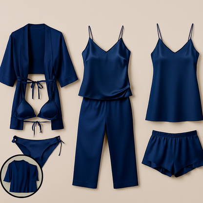 7-Piece Satin Sleepwear & Lingerie Set for Women – Luxury Nightwear Collection with Robe, Slip Dress, Free Size