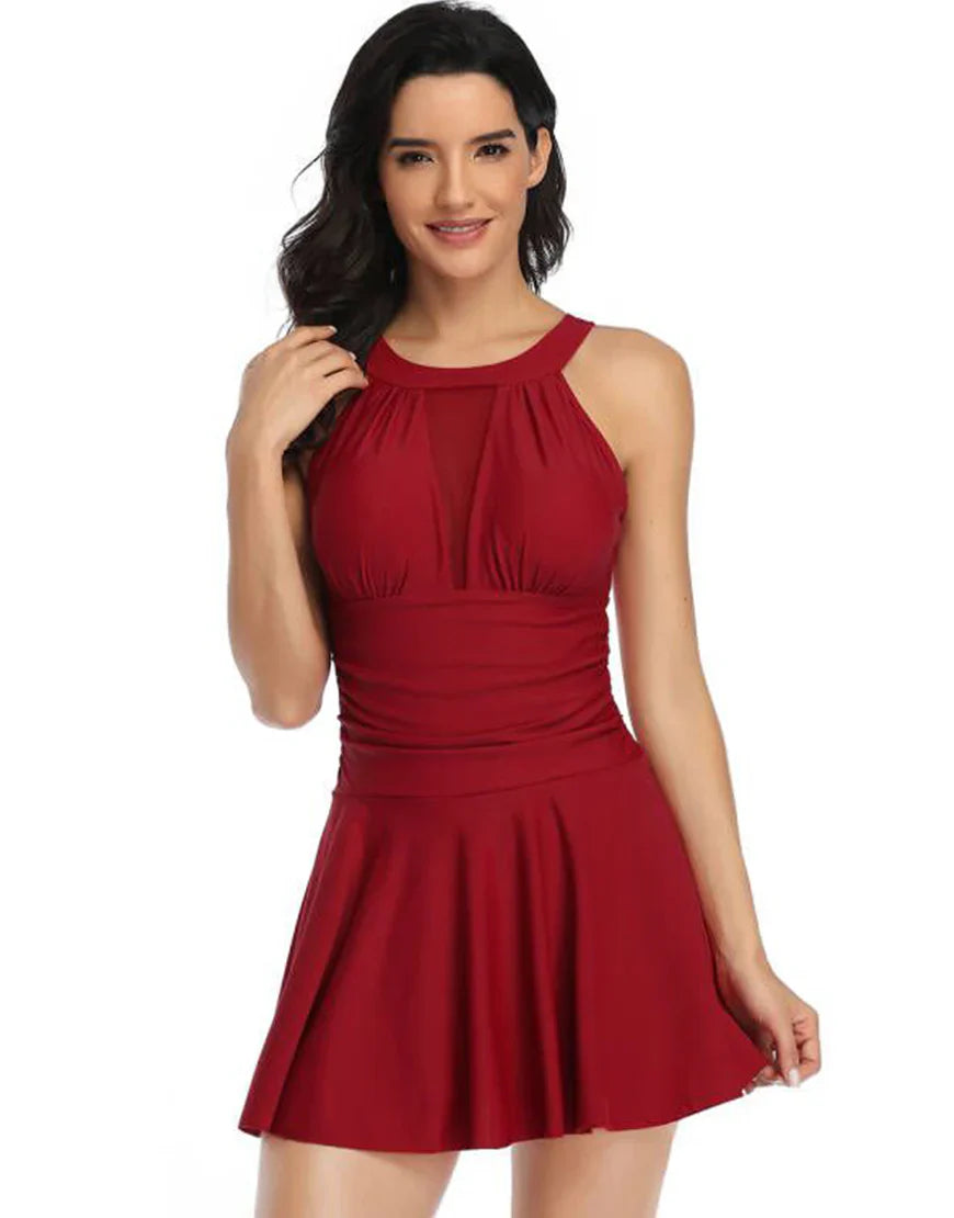 Swim dress with tummy control dark red